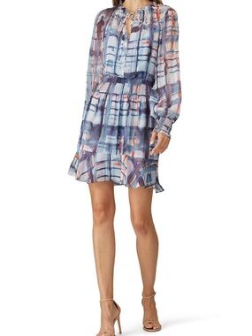 PARKER SILK Blue Abstract Print Long-Sleeve Mini Dress Size Medium